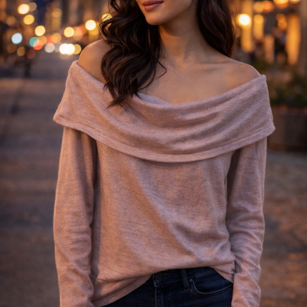 Off Shoulder Romantic Subtle Sparkle Pink Sweater
Size Large by Black Rivet